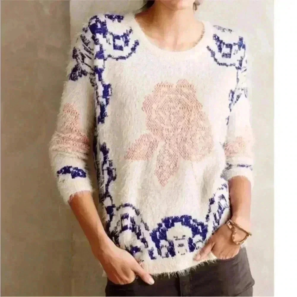 Anthropology La Fee Verte floral sweater size small